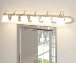 Volume Lighting-6-Light Brushed Nickel Bath Light Bell-Shaped Alabaster Glass - $109.24