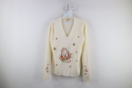 Vintage 70s Country Primitive Women Large Flower Bee Knit V-Neck Sweater Cream - £70.97 GBP