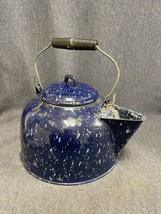 LARGE 9.25” Vintage Retro Enamelware Teapot Blue Speckled Enamel Granite Ware - £18.50 GBP