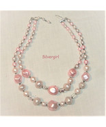 Vintage Pearl Like Glass Silvertone 2 Strand Bead Necklace Pink White - £14.41 GBP
