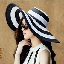 Women Fashion Stripe Wide Brim Floppy Straw Hat Foldable  Beach Sun Cap - £17.98 GBP