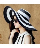 Women Fashion Stripe Wide Brim Floppy Straw Hat Foldable  Beach Sun Cap - £18.07 GBP