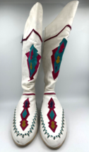 Vtg L J Simone White Leather Boots Aztec Native Southwest Tassels Size 7B - £54.42 GBP