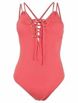 $40 Hula Honey Juniors&#39; Shimmer Rib Lace-up One-Piece Swimsuit Red Size Medium - £5.10 GBP
