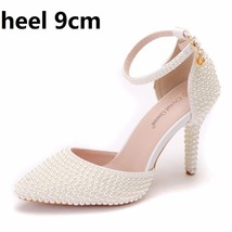 Pointed Toe White Ivory Pearl Wedding Shoes Thin High Heels Pumps Bridal Ankle S - £57.82 GBP