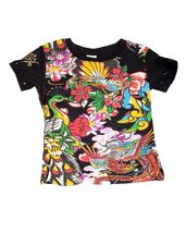 Super Cute Ed Hardy Girls Black Tee Shirt w/Birds Flowers Motif, Short Sleeve - £18.97 GBP