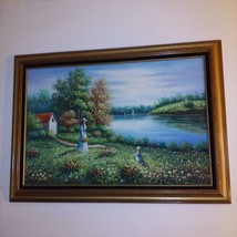 Framed Oil Painting of Flower Fields 43 inch X 31 inch - £15.86 GBP