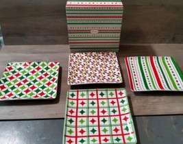 Holiday Jubilee Christmas Appetizer Serving Plates Set 4 Square 7&#39;&#39; with... - $32.39