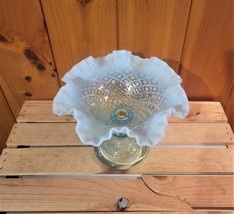 Blue Hobnail Opalescent Pedestal Bowl With Ruffled Rim 8-1/2&quot;W x 6-1/4&quot;H - $57.00