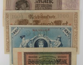 1908-1923 Germany 4-Notes Currency Set / (2) German Empire Weimar Republic - £38.16 GBP