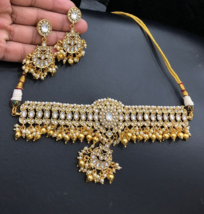 Bollywood Style Gold Plated Kundan Choker Necklace Earrings Pearl Jewelry Set - £112.70 GBP