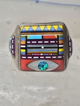 Zuni ring turquoise abalone coral inlay size 9 sterling silver women men - £512.42 GBP