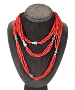 Five Strands Vintage RUST RED STONE BEAD NECKLACE Beaded Silvertone Conn... - $21.77