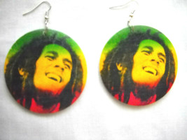 Large Round Bob Marley Rasta Color Green Yellow Red Solid Wood Reggae Earrings - £6.31 GBP