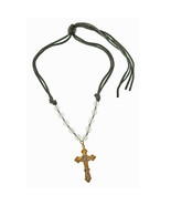 Brass Baroque Scroll Style Cross on Crystal and Black Leather Tie Necklace - $19.79