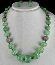 Natural Colombian EMERALD Carved Melon 550 Carat Diamond Silver Necklace Earring - £20,503.48 GBP