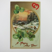 Postcard New Year House Snow Four Leaf Clovers Tuck 139 Gold Embossed Antique - £7.91 GBP