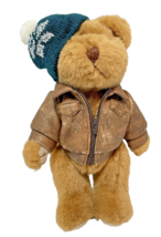 Rare VTG Stichler Plush Brown Bear Jointed Jacket Knit Hat Candy Cane Feet 10&quot; - £16.59 GBP