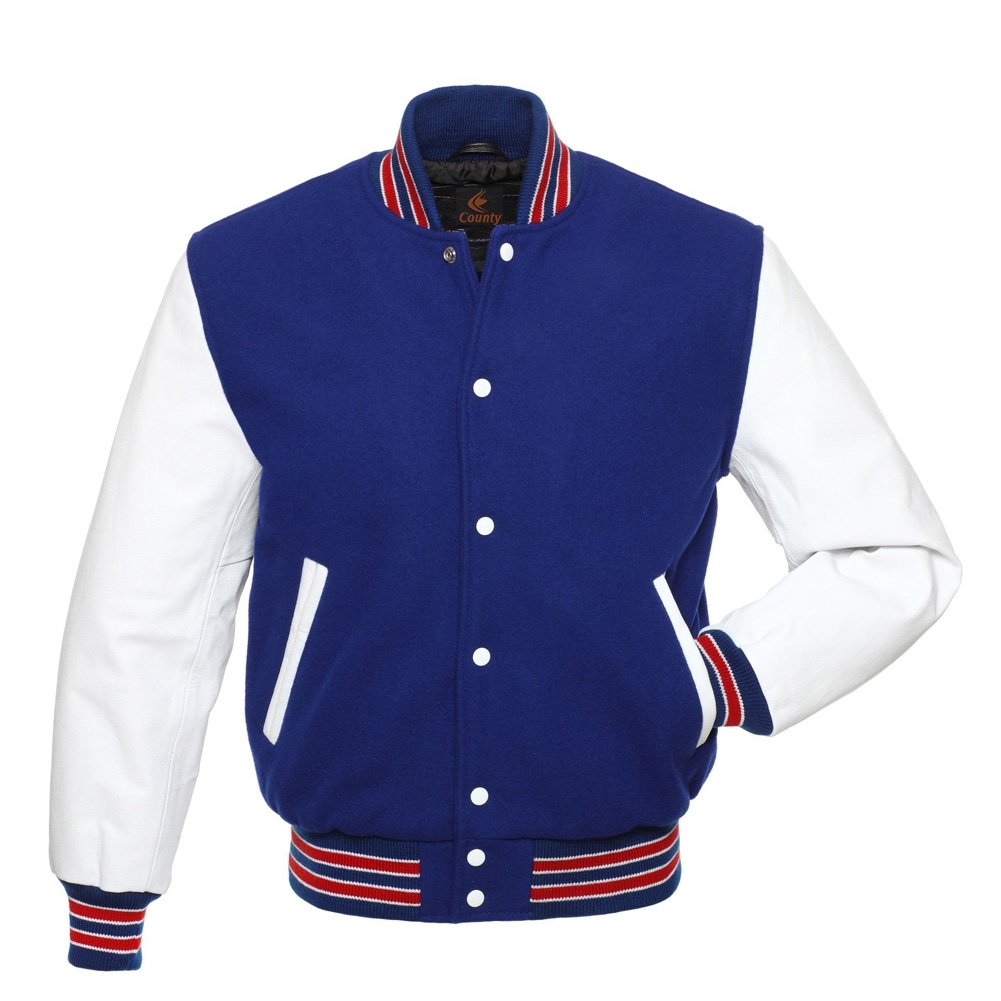 Super Varsity Letterman Baseball Jacket Royal Blue Body White Leather Sleeves