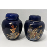 Oriental Jars w/Lid Cobalt Blue Gold Lot of 2 Pheasant Floral Taiwan Use... - £14.12 GBP