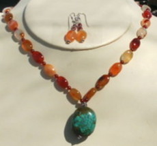 Carnelian and Turquoise Drop Style Necklace and Earrings Jewelry Set - £59.95 GBP