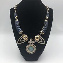Statement Necklace Navy Blue Goldtone Crystals and Aqua Center Stone Women&#39;s - £27.67 GBP