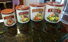 Vintage Cheinco Tin Canister Set Flour Sugar Coffee Tea Fruit Design Bro... - $49.95