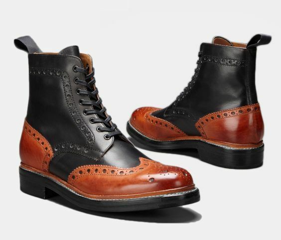 Two Tone Black Brown Wing Tip Full Brogue Toe High Ankle Leather Boots US 7-16