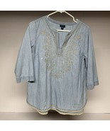 J Jill Denim Top Womens PS Blue Chambray Embroidered Tunic Embellished Hem - $388.17 MXN