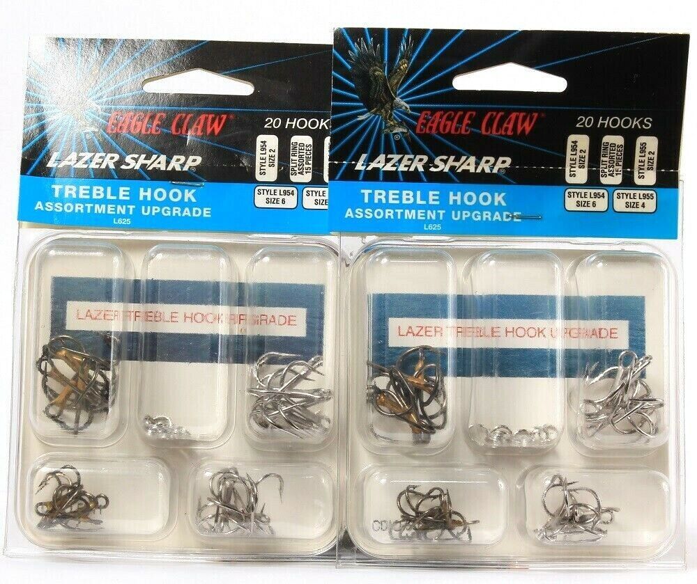 2 Count Eagle Claw Laser Sharp Treble Hook Assortment Upgrade 20 Fishing Hooks - $25.99