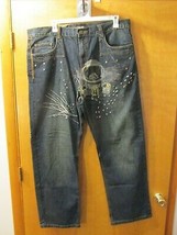 MISKEEN Men&#39;s 1024 Blue Denim Jeans Space Alien Motiff Distressed 42 Paint  - £31.89 GBP