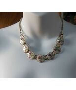 Vintage Gold Tone Hand Painted Ceramic Floral Multi-Disk Link Necklace - $42.32