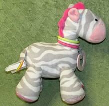Carters 11&quot; Zebra Plush Rattle Gray Pink Activity Toy Squeak Crinkle Mirror Baby - £7.55 GBP