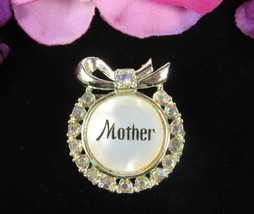 Vintage MOTHER PIN Aurora Borealis Rhinestones Brooch Round Goldtone AB 1 3/8&quot; - $17.81