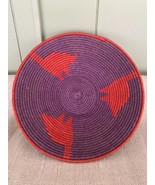 7 Inch Round Red Purple Decorated Basket Weave Bowl Woven Grass Straw Ra... - $28.00