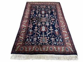 4x6 Vintage Handmade Wool Geometric Rug Organic Dyes Blue Red Hand-Knotted Rug - £666.03 GBP