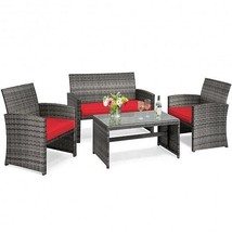 4 Pieces Patio Rattan Furniture Set with Cushions-Red - Color: Red - $5,661.90 MXN