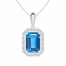 ANGARA Floating Emerald-Cut Swiss Blue Topaz Halo Pendant in 14K Solid Gold - £820.63 GBP