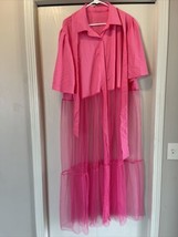 Hot Pink Shirt with tulle Women Sz 4XL 22-24 Summer Flowing Button Up Waist Tie - £29.75 GBP