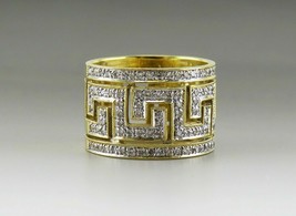  Gold Plated 925 Silver Simulated Diamond Greek Key Thick Men&#39;s Band Rin... - £110.02 GBP
