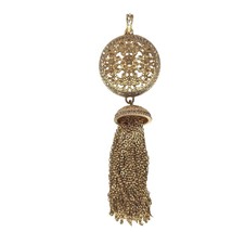 Vintage Gold Tone Medallion Tassel Fringe Pendant Womens Costume Jewelry - £33.04 GBP