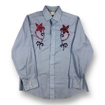 Vtg Wrangler Blue Chambray Western Snap Shirt Embroidered Flowers Smile Sz L - £22.15 GBP