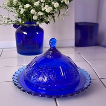Cobalt Blue Vintage Glass Children&#39;s Dome Covered Butter Dish Strawberry Heart - £18.26 GBP