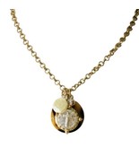 Tortoise Shell Religious Cross Button Pearl Charm Necklace - $15.72