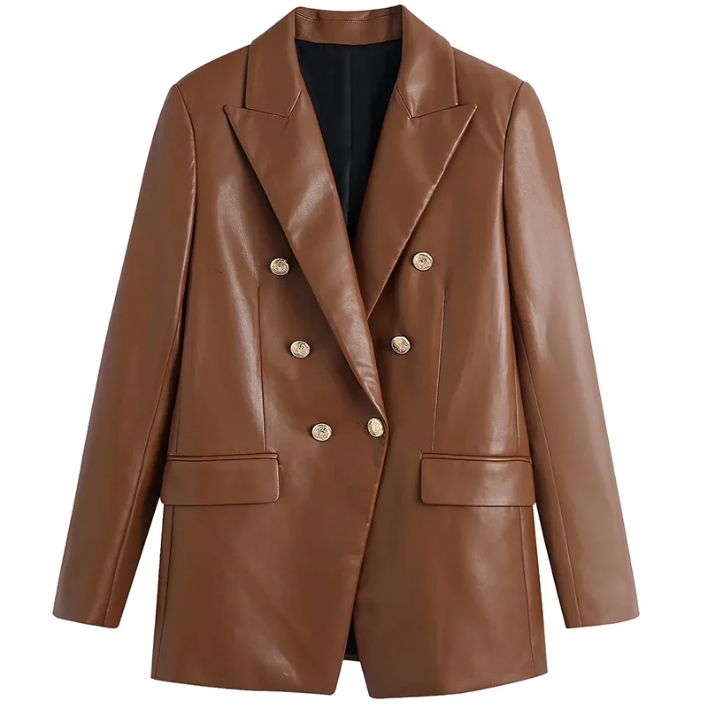 Adherebling  Women   Faux PU Leather Blazer Coat Chic Vintage Double Breasted Lo - £126.83 GBP
