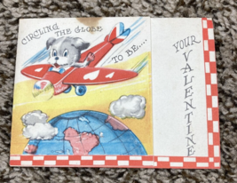Vintage Valentines Day Card Folded Dog in Airplane Circling the Globe - $4.99