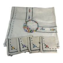 Vintage Small Victorian Tablecloth Embroidered 30” Napkins 4 Tea Linen Set - $56.09