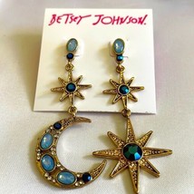 BNWT Betsey Johnson Celestial half moon &amp; star gold tone blue crystal earrings - £33.23 GBP