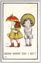 Cute Kids Angry Girl Yellow Dress Umbrella and Boy What Did I Do Postcard U29 - £6.37 GBP