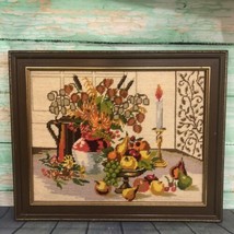 Vintage Finished Cross-Stitch Needlepoint Framed Art Harvest Thanksgiving Autumn - £52.77 GBP